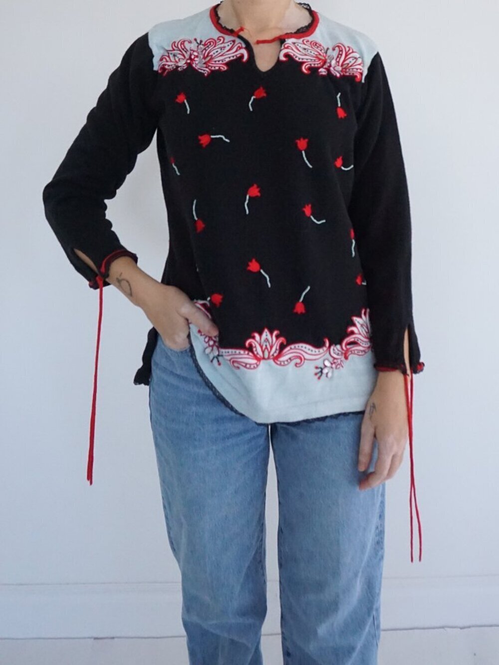 Vintage Storybook Knits Black Red Floral Embroidered Cotton Blend Cardigan S